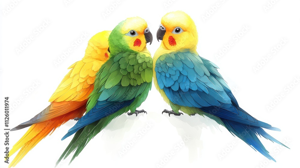 Three colorful parrots with vibrant feathers facing each other. Three colorful parrots with vibrant feathers facing each other.