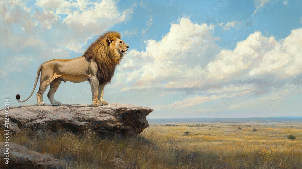 Lone male lion standing atop a rocky outcrop surveying the horizon Lone male lion standing atop a rocky outcrop surveying the horizon