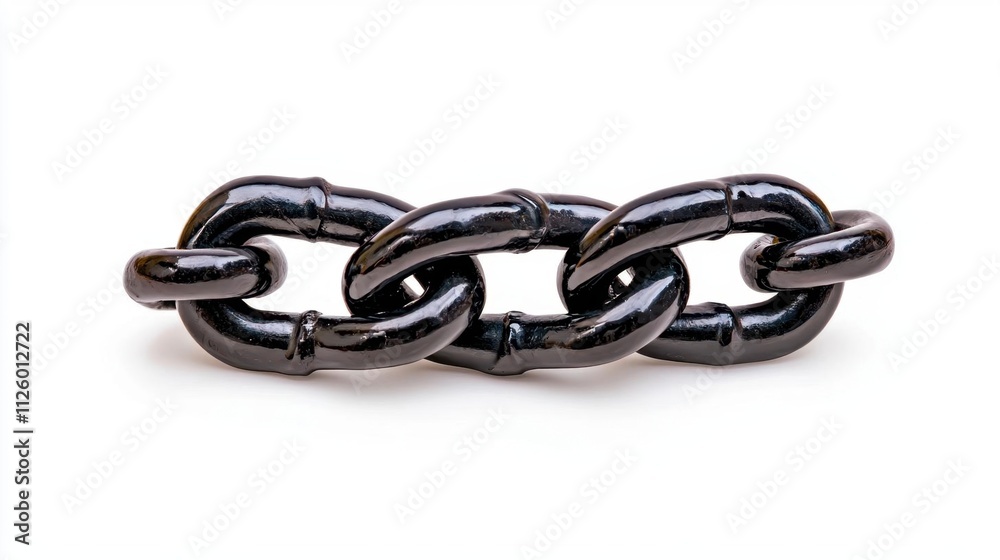 Obraz premium A photostock of a black metallic chain coiled loosely on a clean white background, perfect for strength and industrial themes. High Quality