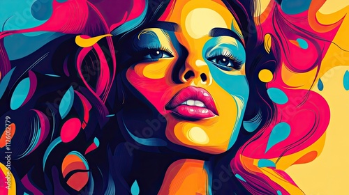 Vibrant colorful portrait of a woman with stylized hair and makeup.