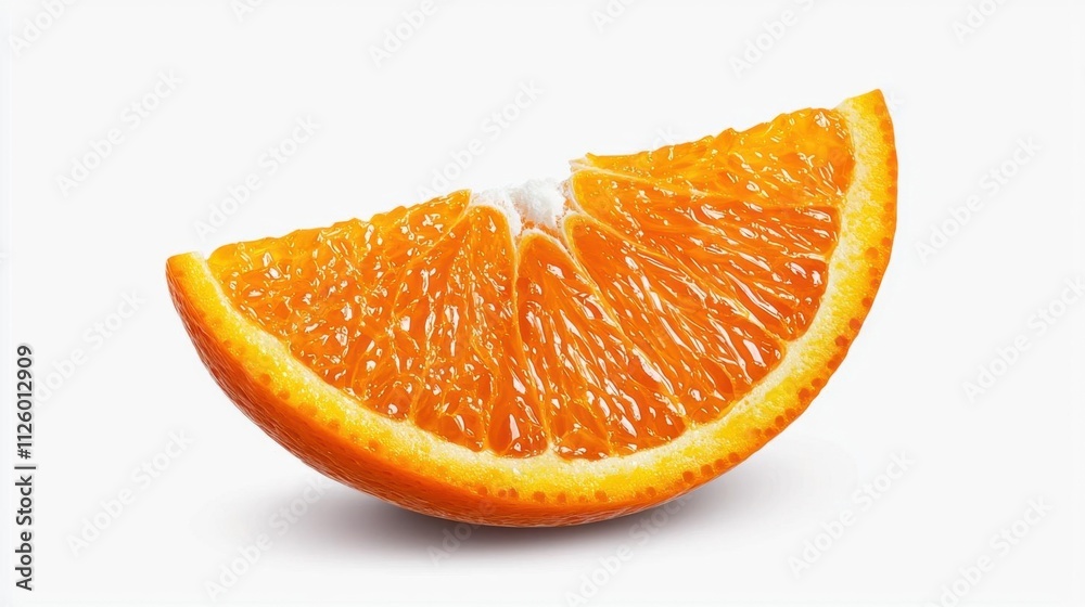 A photostock of a bright orange slice with its juicy texture glistening against a clean white surface, perfect for fresh food and citrus themes. High Quality A photostock of a bright orange slice with its juicy texture glistening against a clean white surface, perfect for fresh food and citrus themes. High Quality