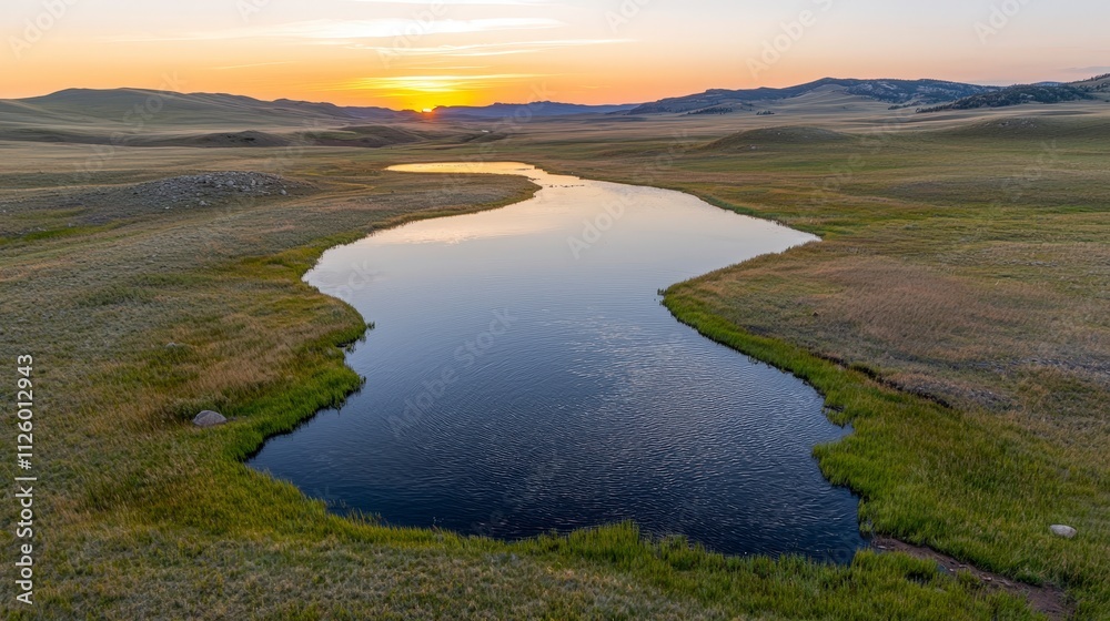Serene Sunset Over Grassland River Scenic Nature Photography Serene Sunset Over Grassland River Scenic Nature Photography