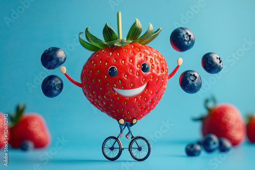 A strawberry riding a unicycle, juggling blueberries with a playful grin photo