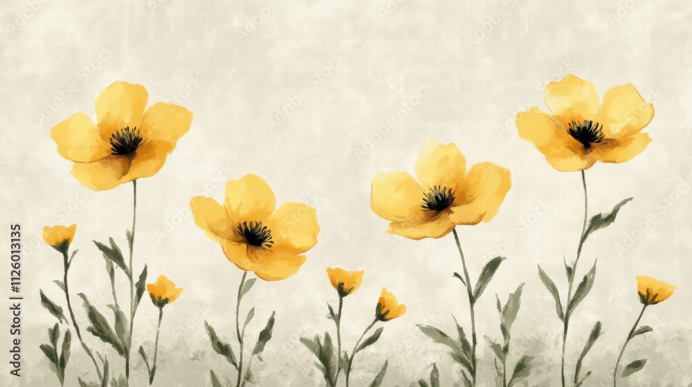 Fototapeta premium Delicate Yellow Flowers on Soft Beige Background for Design Use