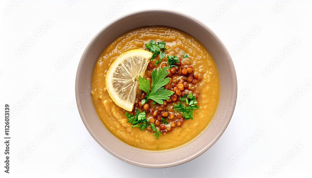 Creamy Lentil Soup Bowl Lemon Parsley Garnish Top View Food Photography Creamy Lentil Soup Bowl Lemon Parsley Garnish Top View Food Photography