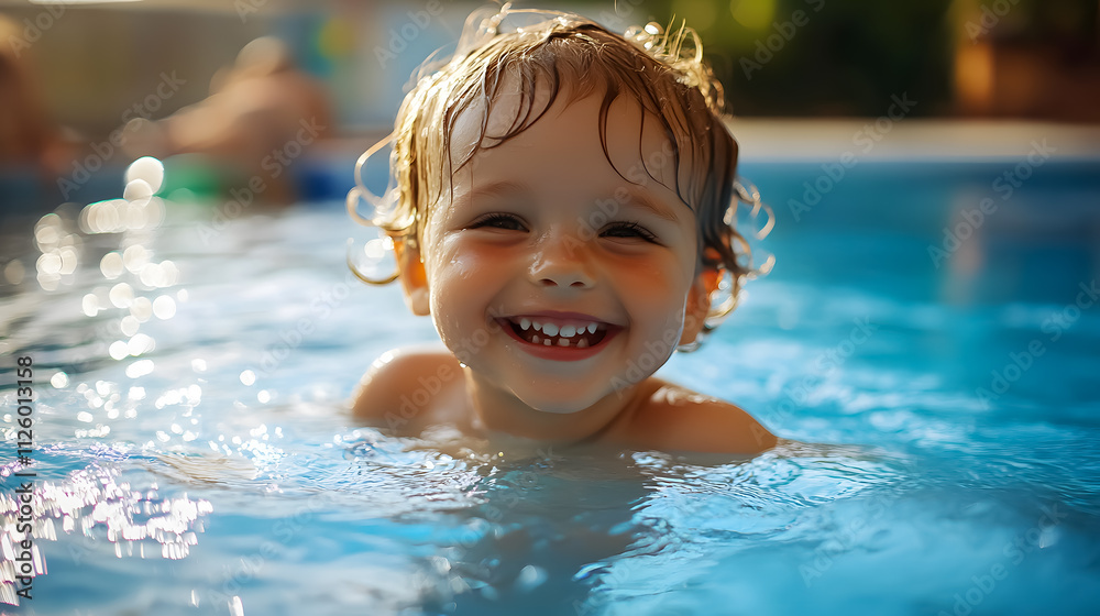 A happy child splashing around in a swimming pool. A happy child splashing around in a swimming pool.