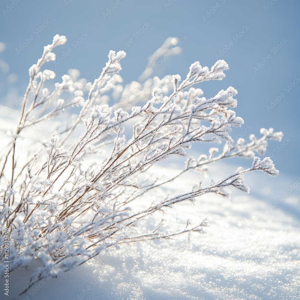 Frost-Covered Branches in Soft Winter Light on Snowy Landscape Frost-Covered Branches in Soft Winter Light on Snowy Landscape