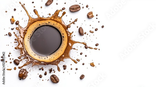 A photostock of a circular black coffee stain isolated on a clean white background, representing casual and relatable beverage themes. High Quality
