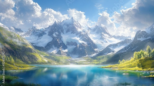 Serene mountain lake reflecting snow-capped peaks under a bright sky. (1)