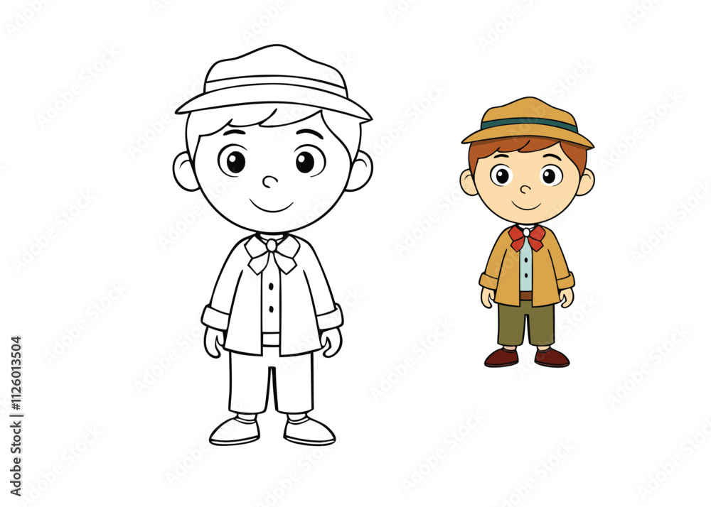 A cute boy detective with a magnifying glass, a detective hat, and a notepad, investigating clues with a curious smile. Fun and engaging for young artists to color! A cute boy detective with a magnifying glass, a detective hat, and a notepad, investigating clues with a curious smile. Fun and engaging for young artists to color!
