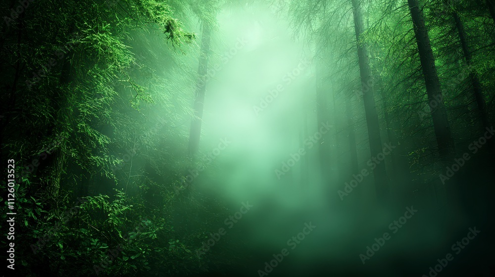 Naklejka premium Misty Forest Path Green Trees Fog Nature Woodland Mystical Atmospheric Serene Tran