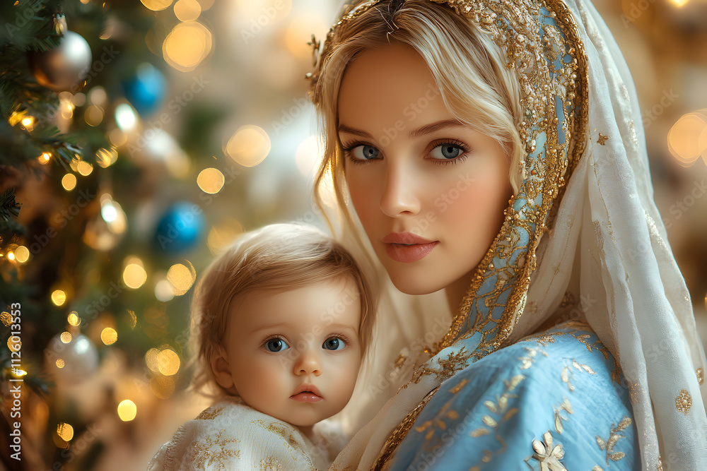 Mother Mary hugging a baby showing kindness and glory Mother Mary hugging a baby showing kindness and glory