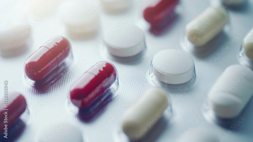 Close-up of various medications on a clean, white surface, Scientific style Close-up of various medications on a clean, white surface, Scientific style