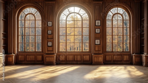 Sunlit autumnal view through arched windows in a grand wooden room.