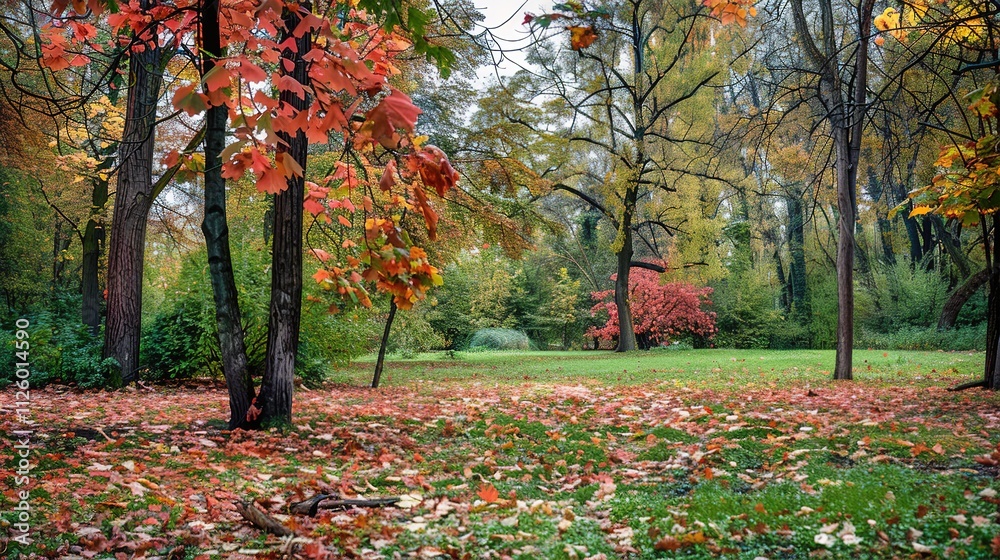Beautiful Autumn Landscape in the Park with Colorful Foliage and Falling Leaves, Creating a Charming Natural Background for Relaxation. Beautiful Autumn Landscape in the Park with Colorful Foliage and Falling Leaves, Creating a Charming Natural Background for Relaxation.