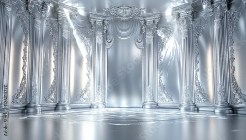 Silver black metalic ceremony award stage venue background. 3d stage background. Elegant venue concept. 