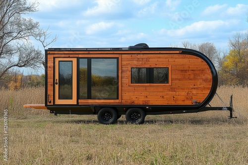 Modern tiny house on wheels, wood siding. Ideal for showcasing sustainable living, travel.