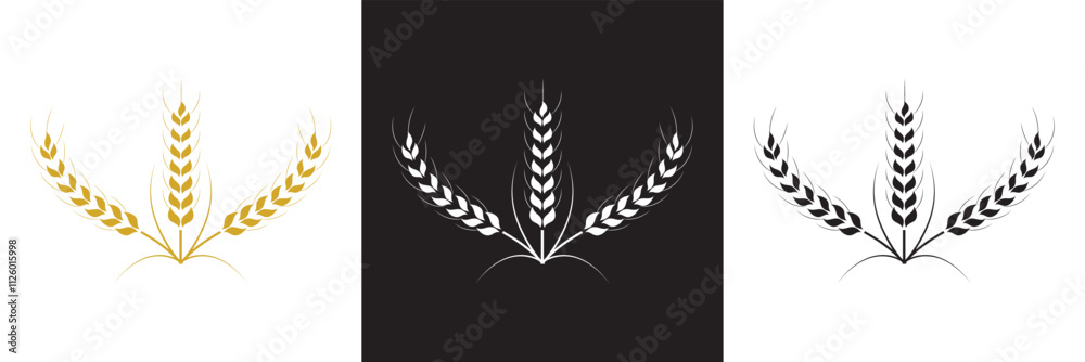 Obraz premium Set of simple wheats ears icons and wheat logo design elements for beer, organic fresh food corn farm, bakery themed agriculture design, grain element, isolated on white and black background. EPS 10