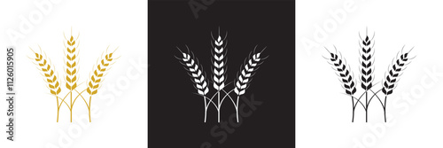 Set of simple wheats ears icons and wheat logo design elements for beer, organic fresh food corn farm, bakery themed agriculture design, grain element,  isolated on white and black background. EPS 10