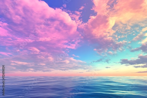 A serene seascape at sunset with vibrant clouds reflecting colorful hues.