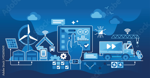 Smart manufacturing focuses on automation and data exchange, featuring a tablet, wind turbine, and truck. Dark theme outline style illustration.