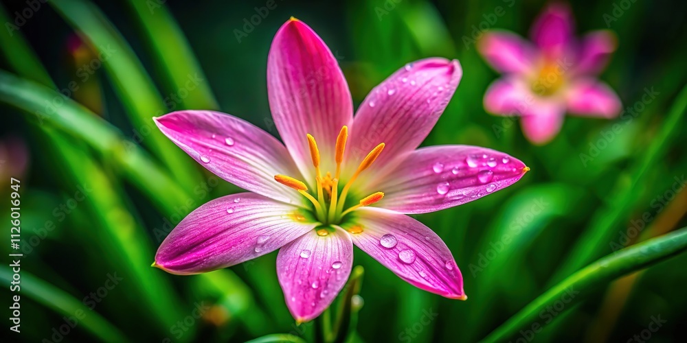 Rain Lily Macro, Low Light, Smooth Green Background Rain Lily Macro, Low Light, Smooth Green Background