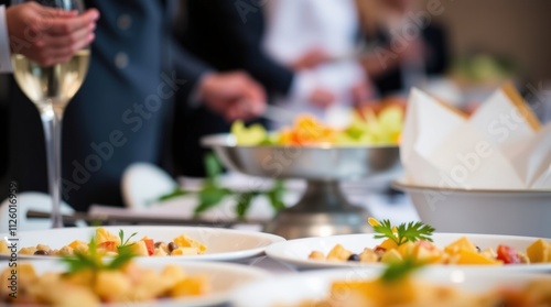 Close-up photograph of a catering food wedding table with fine focus, soft light, and diffused shadows 