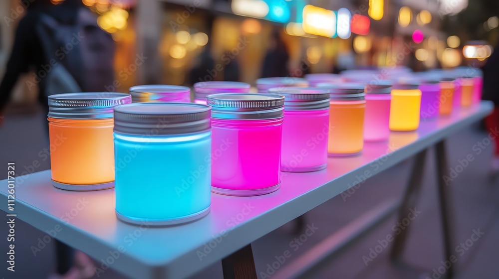 Neon fluorescent body paint jars glowing vividly Neon fluorescent body paint jars glowing vividly
