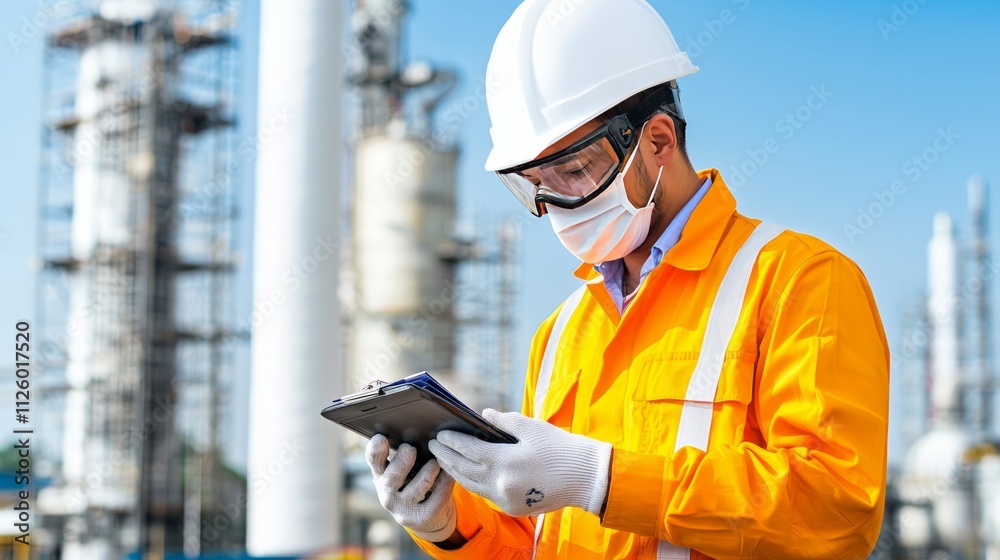 Focused worker near industrial scaffolding: A worker in full safety gear with gloves, inspecting large scaffolding at a modern construction site. Focused worker near industrial scaffolding: A worker in full safety gear with gloves, inspecting large scaffolding at a modern construction site.