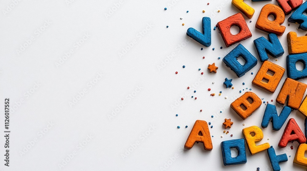 Obraz premium A photostock of colorful magnetic alphabet letters scattered randomly on a white background, ideal for educational and playful themes. High Quality