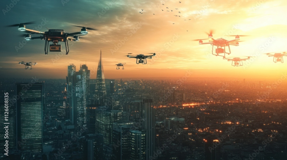 A drone swarm delivering packages across an urban skyline powered by renewable energy, representing sustainable global logistics A drone swarm delivering packages across an urban skyline powered by renewable energy, representing sustainable global logistics