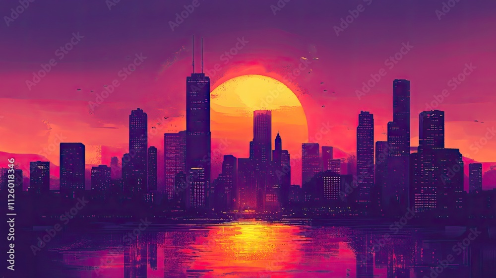 Obraz premium Vibrant sunset over a cityscape reflected in water.