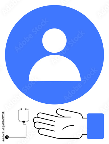 User symbol within blue circle, hand giving gesture, and a charging cable. Ideal for support, assistance, technology, energy, offering accessibility community. Line metaphor