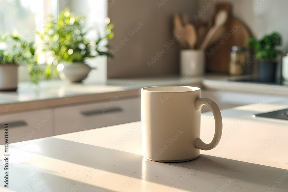 A cozy, minimalist kitchen scene featuring a plain white mug on a sunlit countertop surrounded by lush green plants. A cozy, minimalist kitchen scene featuring a plain white mug on a sunlit countertop surrounded by lush green plants.