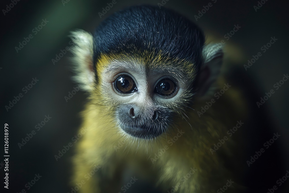 Obraz premium Black-Capped Squirrel Monkey (Saimiri boliviensis) is a small South American primate found in Bolivia, Brazil and Peru. Being omnivorous, it feeds on insects, eggs, fruits, flowers and vertebrates. 