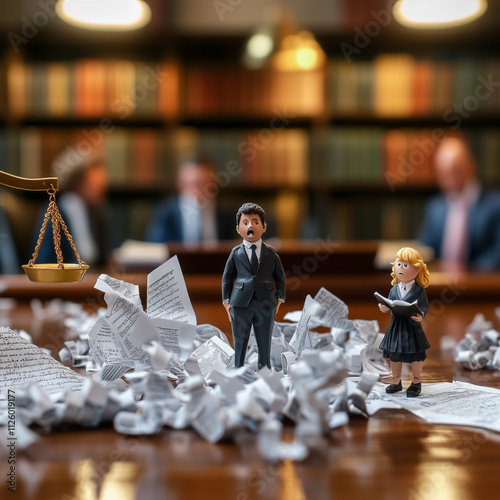 A man and a woman are standing in front of a pile of papers. The man is wearing a suit and tie, while the woman is wearing a school uniform. The scene appears to be chaotic and disorganized
