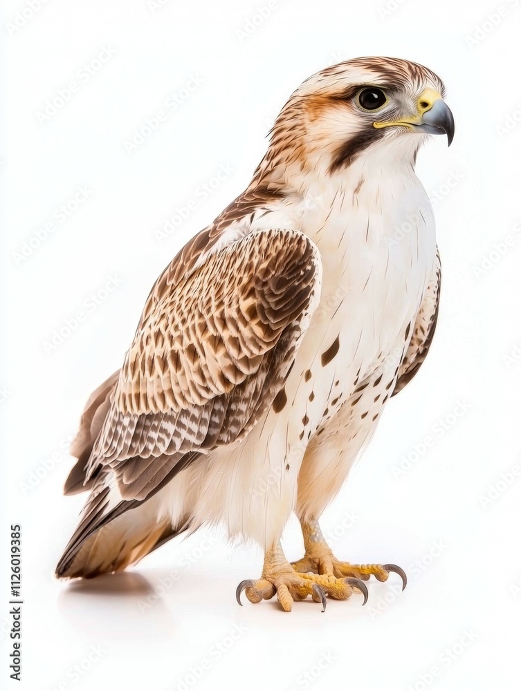A large bird with a brown and white body and yellow beak A large bird with a brown and white body and yellow beak