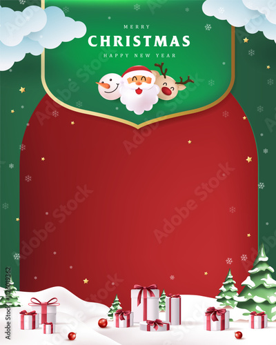 Merry Christmas sign banner frame with empty space and festive decoration on christmas landscape snow falling and gift box