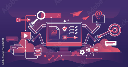 Marketing automation involves optimizing tasks using digital tools. Key objects, computer, gears, magnifying glass. Dark theme outline style illustration.