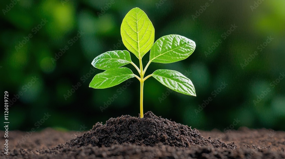 Fototapeta premium A photostock of a single green sprout emerging from dark soil on a seamless white background, symbolizing growth, sustainability, and new beginnings. High Quality