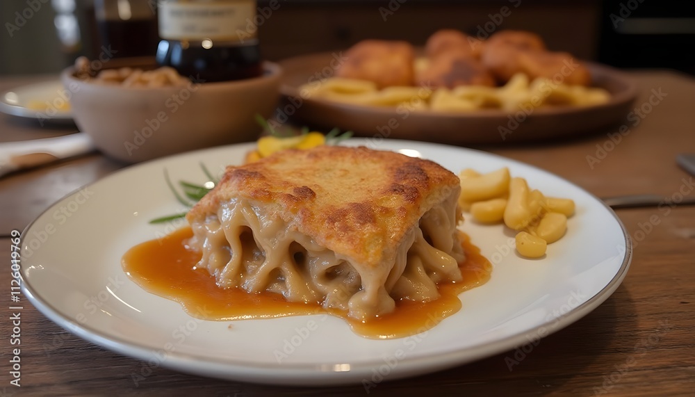 Golden Malakoff Served on White Plate with Sauce in Rustic Kitchen Golden Malakoff Served on White Plate with Sauce in Rustic Kitchen