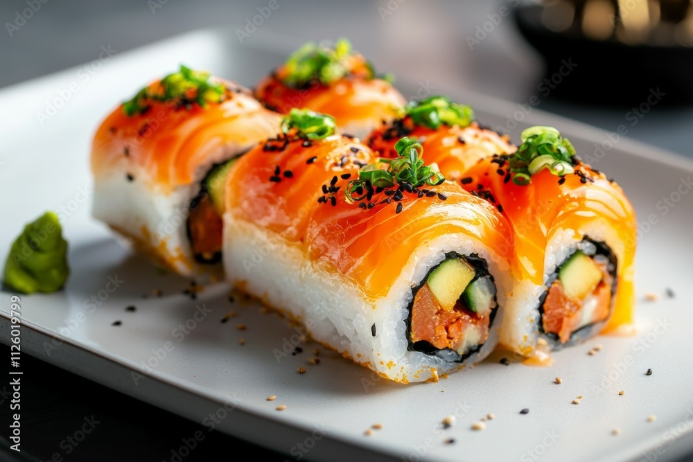 Fresh salmon sushi rolls with avocado and sesame on a plate Fresh salmon sushi rolls with avocado and sesame on a plate