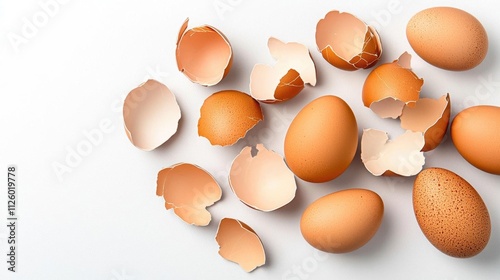 A photostock of broken eggshells with smooth inner surfaces and jagged edges scattered on a seamless white background, symbolizing fragility and natural textures. High Quality photo