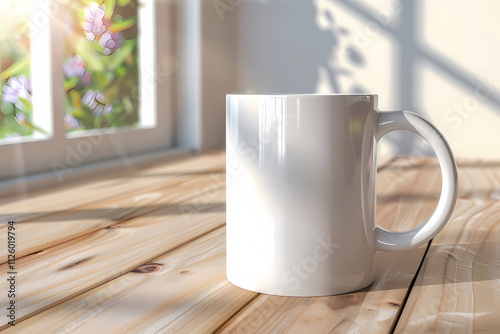 A plain white coffee mug sits on a wooden table, with sunlight streaming through a nearby window, creating a warm and inviting atmosphere.