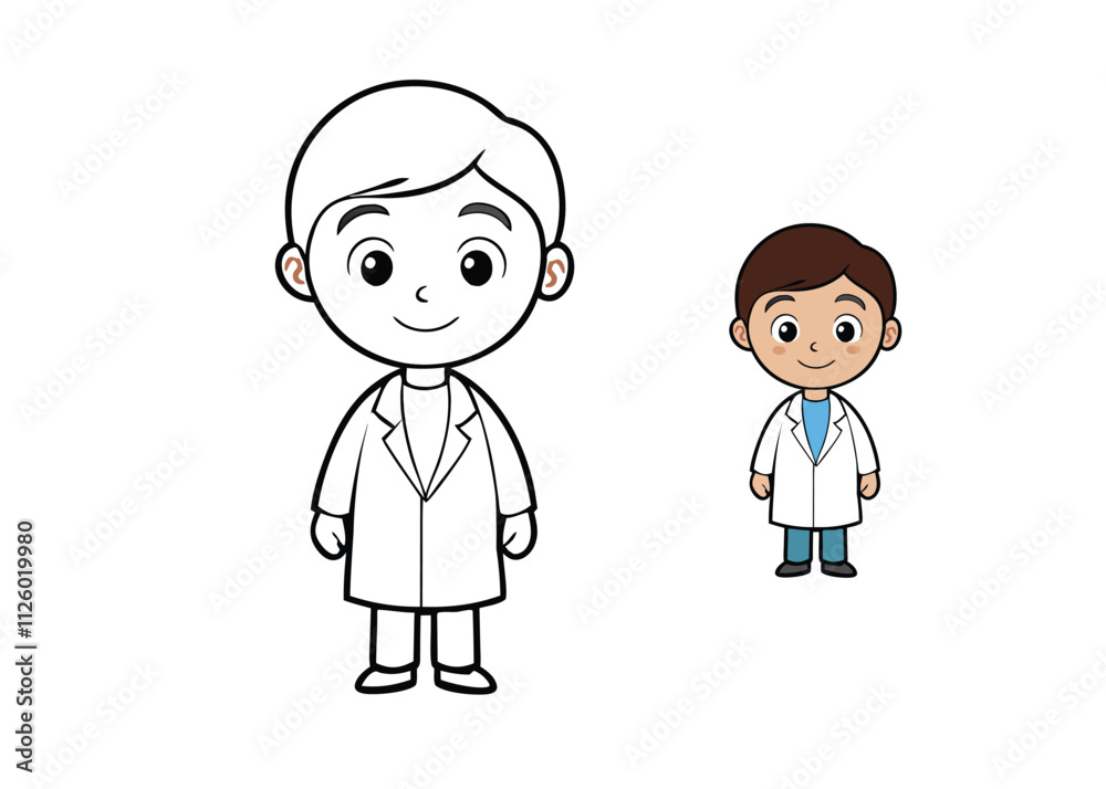 A cheerful boy dressed as a radiologist, wearing a lab coat and holding an X-ray film. Background includes a medical scanner and tools for a fun, educational coloring page! A cheerful boy dressed as a radiologist, wearing a lab coat and holding an X-ray film. Background includes a medical scanner and tools for a fun, educational coloring page!