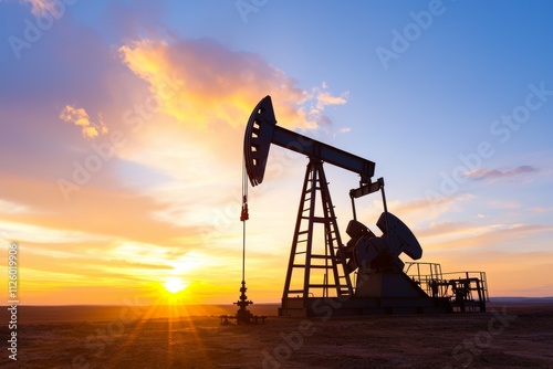 Silhouette of oil pump jack at sunset in rural landscape with vibrant sky