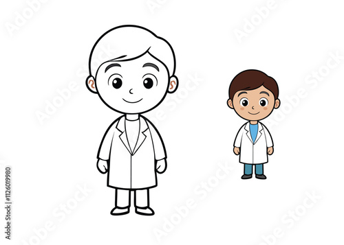 A cheerful boy dressed as a radiologist, wearing a lab coat and holding an X-ray film. Background includes a medical scanner and tools for a fun, educational coloring page!