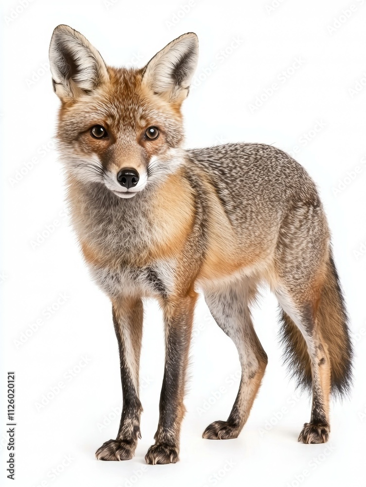 A fox is standing on a white background