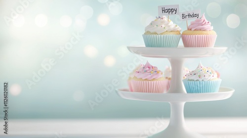 A cheerful display of pastel cupcakes on a tiered stand, featuring "Happy Birthday" toppers against a soft, blurred background.