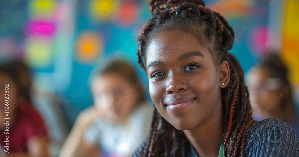 Smiling Young Girl in a Classroom Setting Smiling Young Girl in a Classroom Setting